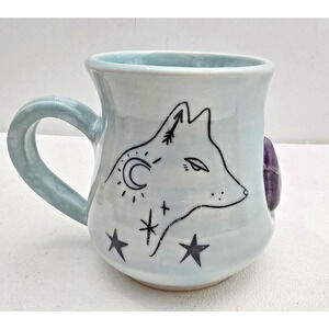 Handmade Southwest Pottery Mug Wolf and Woman with Amethyst Gemstone Coffee Mug